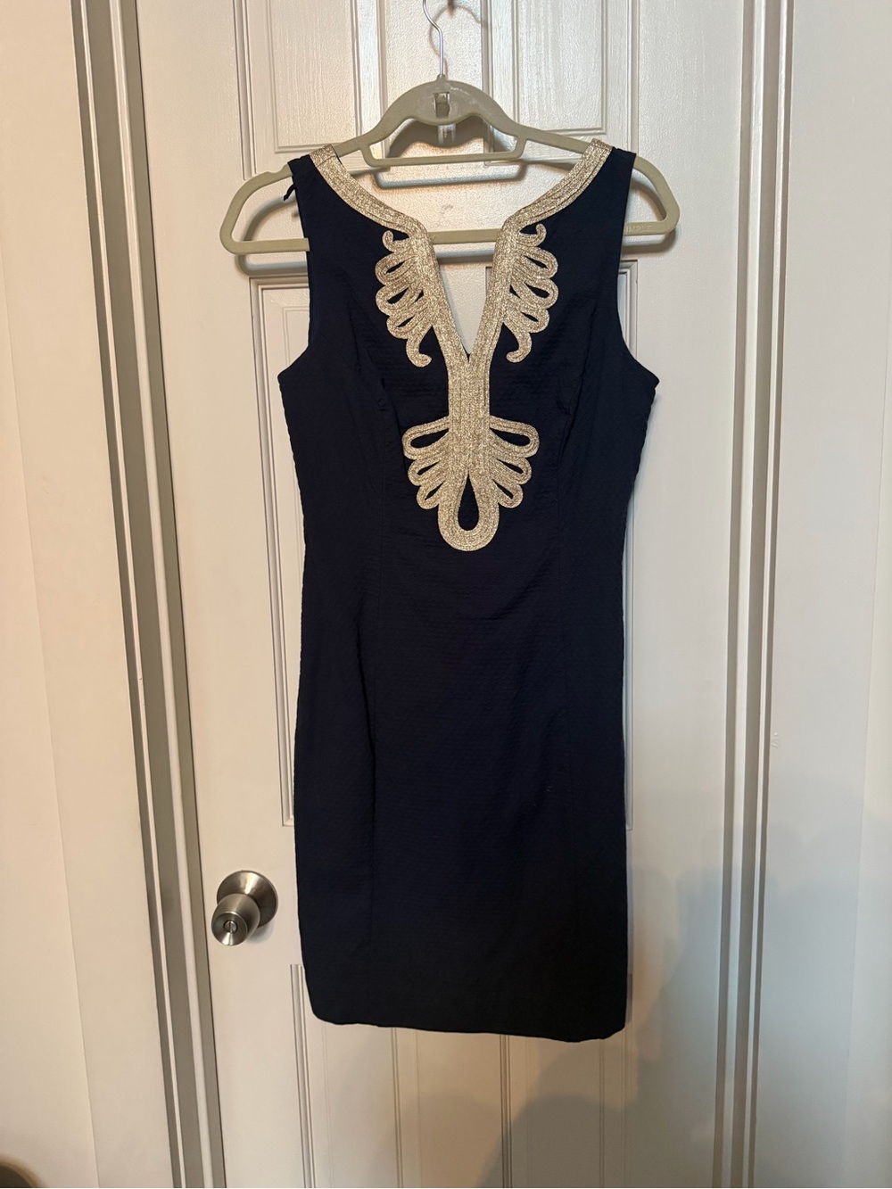 Lilly Pulitzer Navy Sheath Dress with Gold Embellished V-Plunge
